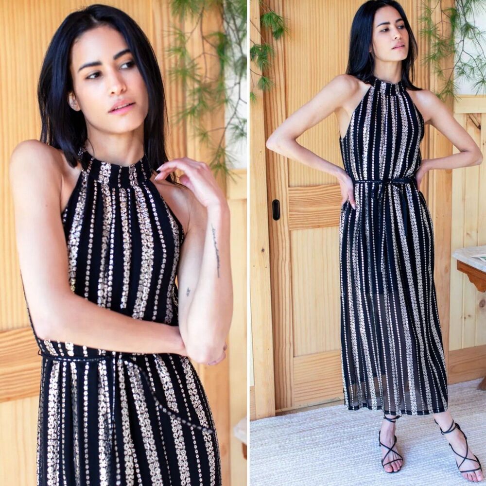 Emerson Fry Black Silver Pandora Maxi Halter Dress XL